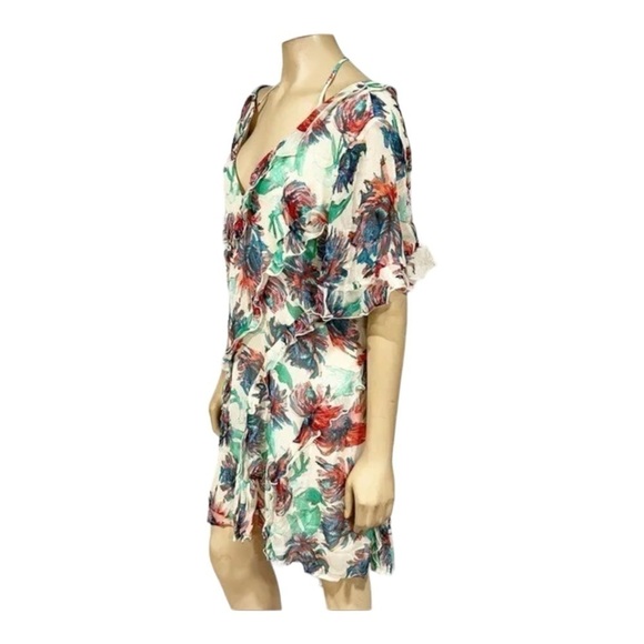 ANTHROPOLOGIE White Soft Floral Short Sleeve Ruffle Tie Back Mini Dress Medium - Picture 11 of 14
